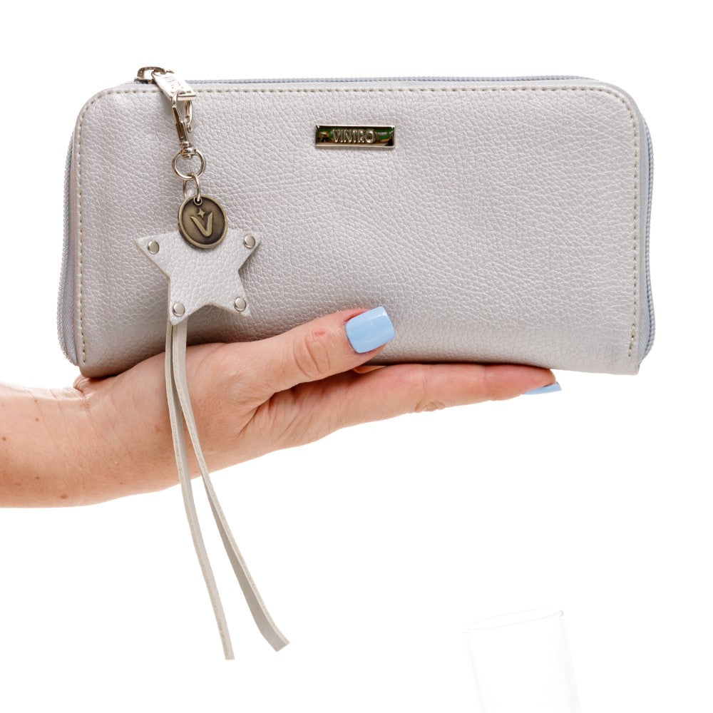 BILLETERA PARA MUJER BALI PLATA EN CUERO VEGANO CON ACCESORIO