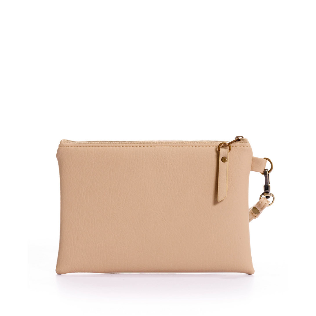 cosmetiquera pequeña, fabricado en pvc con pulsera, y bordado, color beige