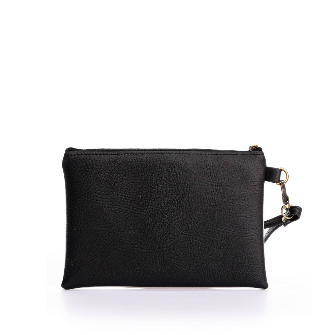 cosmetiquera pequeña, fabricado en pvc con pulsera, y bordado, color negra