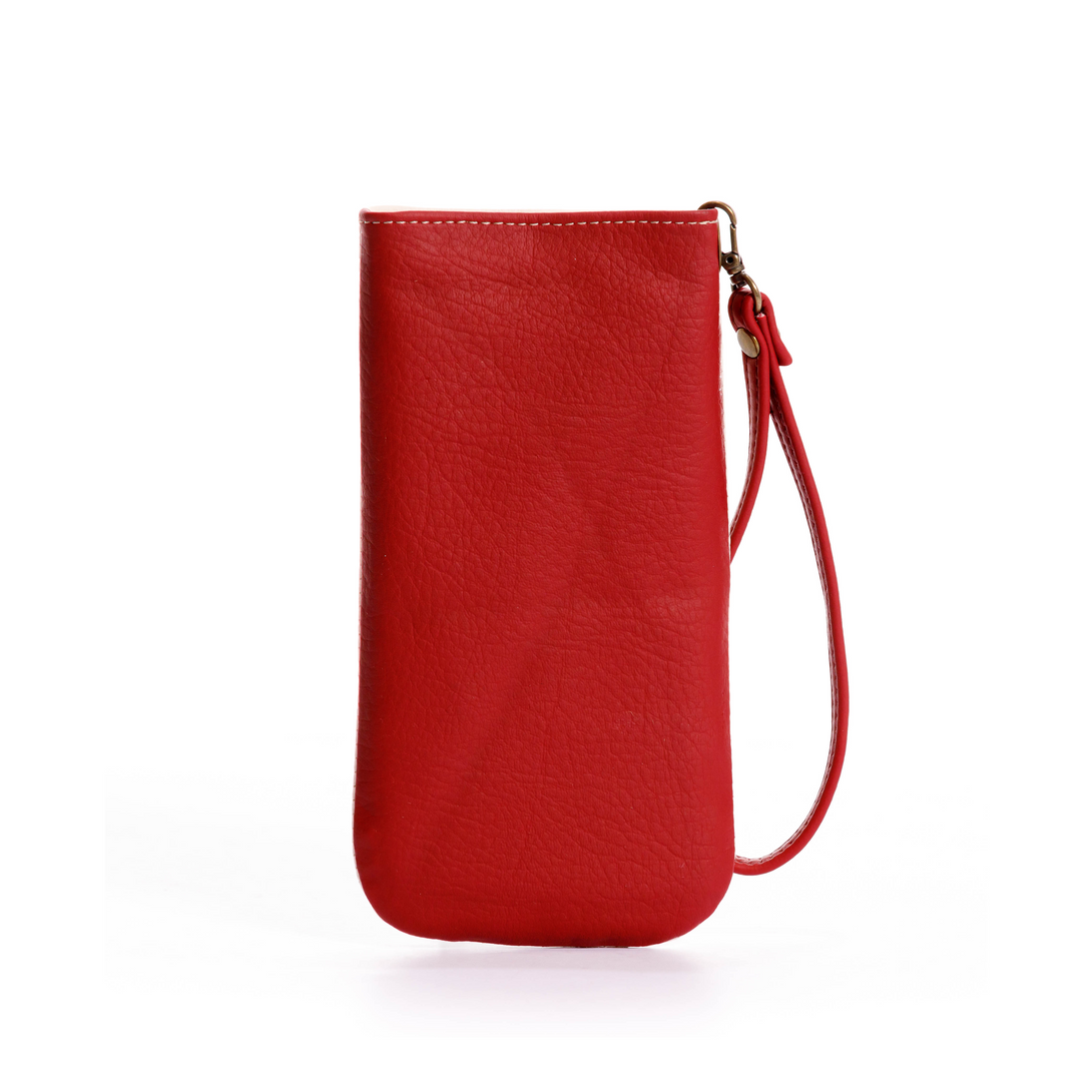 estuche para gafas o celular en color solido, fabricado en pvc, con pulsera y bordado color durazno