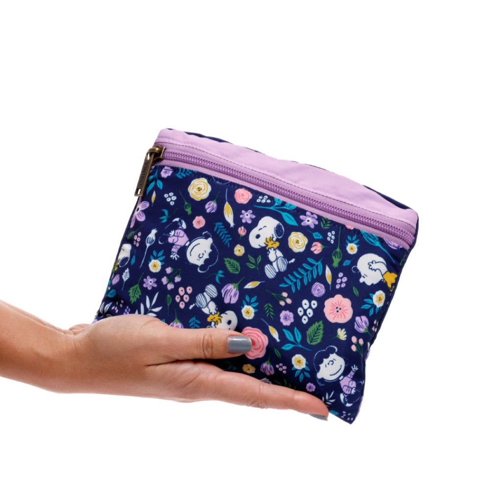 BOLSA ECOLOGICA PARA MUJER SNOOPY FLORES EN TELA ANFLUÍDO PLEGABLE