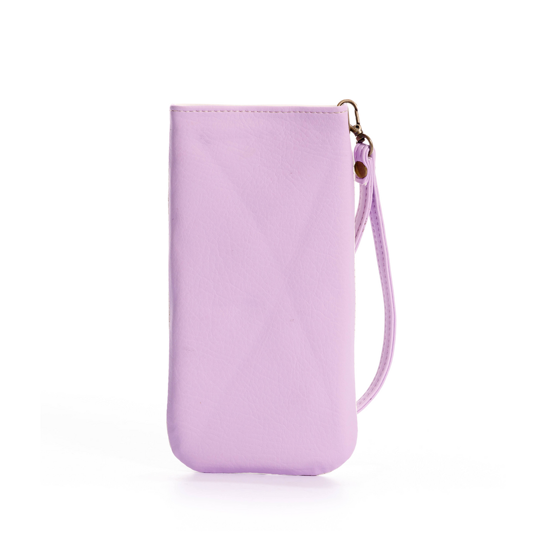 estuche para gafas o celular en color solido, fabricado en pvc, con pulsera y bordado color lila