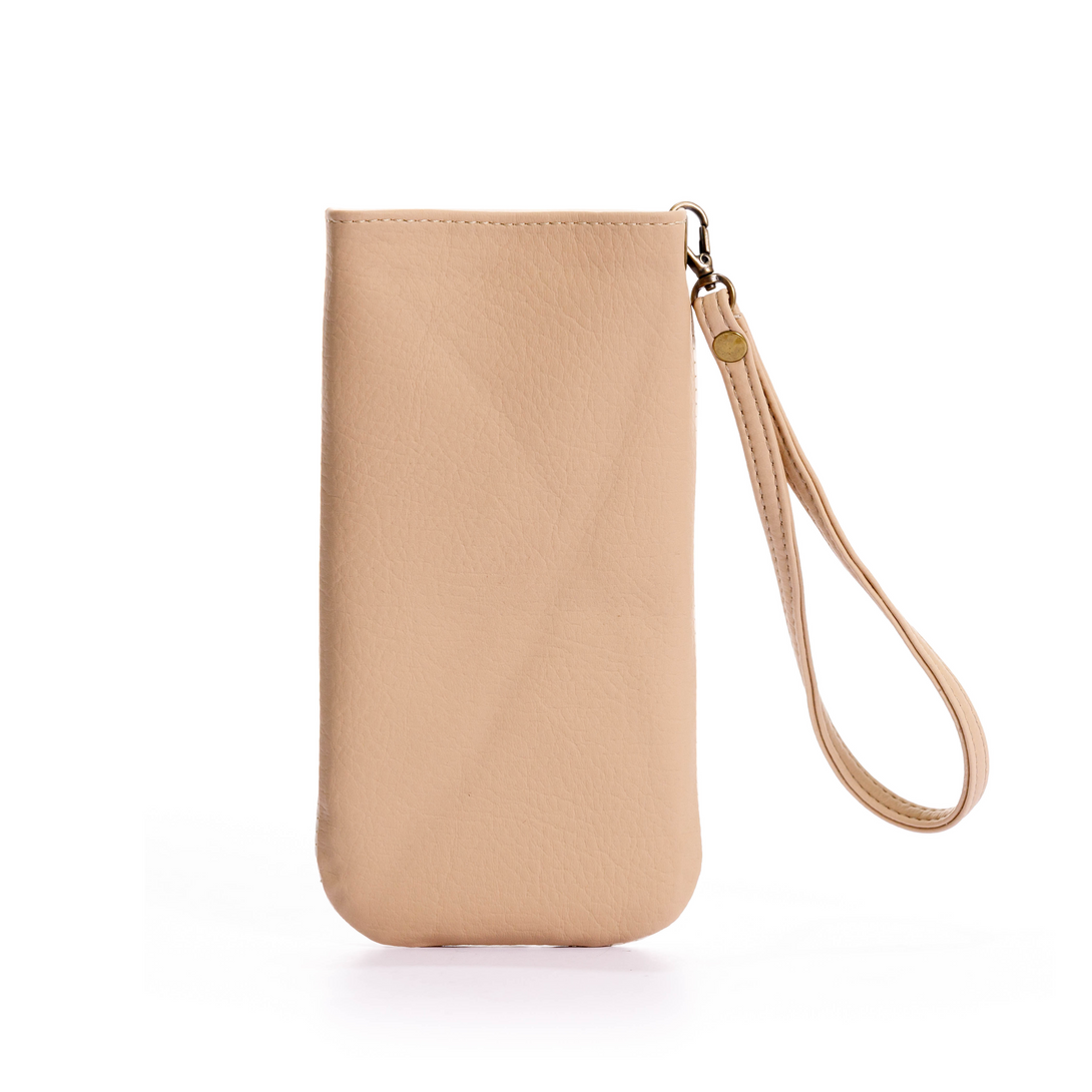 estuche para gafas o celular en color solido, fabricado en pvc, con pulsera y bordado color beige
