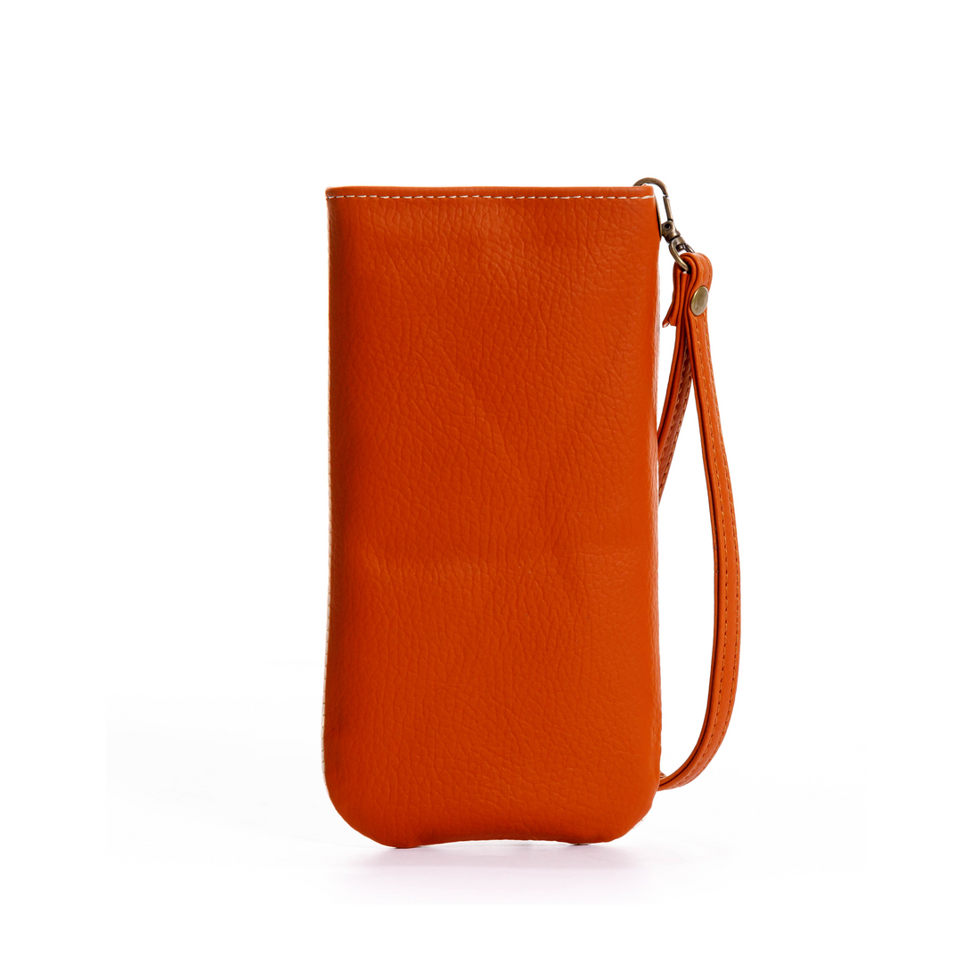 estuche para gafas o celular en color solido, fabricado en pvc, con pulsera y bordado color granate
