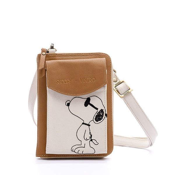 MANOS LIBRES PARA MUJER IBIZA MIEL SNOOPY EN CUERO VEGANO CON BOLSILLO EXTERNO Y CARGADERA REMOVIBLE