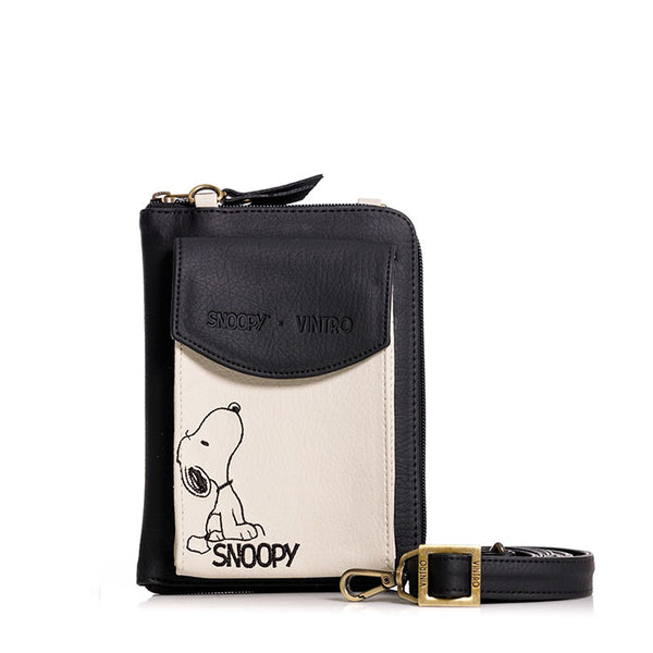 MANOS LIBRES PARA MUJER IBIZA NEGRO SNOOPY EN CUERO VEGANO CON BOLSILLO EXTERNO Y CARGADERA REMOVIBLE