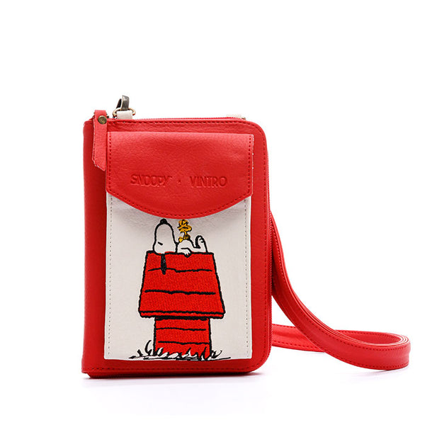 MANOS LIBRES PARA MUJER IBIZA ROJO SNOOPY EN CUERO VEGANO CON BOLSILLO EXTERNO Y CARGADERA REMOVIBLE