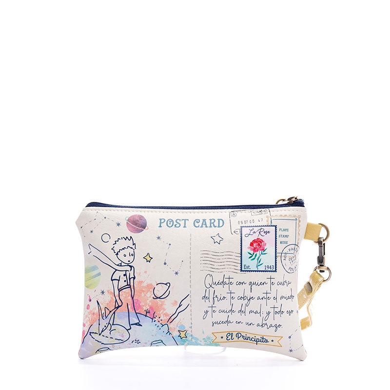 COSMETIQUERA O MONEDERO PARA MUJER RUANDA PRINCIPITO EN CUERO VEGANO  ESTAMPADA CON PULSERA